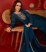 Teal silk blend embroidered anarkali kurta set with dupatta.