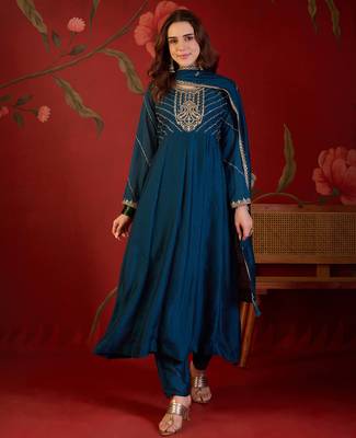 Teal silk blend embroidered anarkali kurta set with dupatta. 2