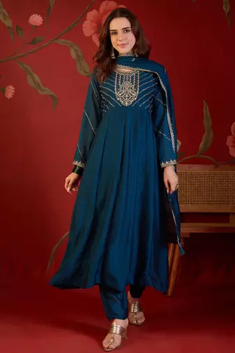 Teal silk blend embroidered anarkali kurta set with dupatta.