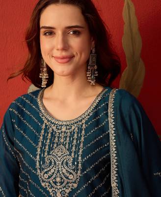 Teal silk blend embroidered anarkali kurta set with dupatta. 3