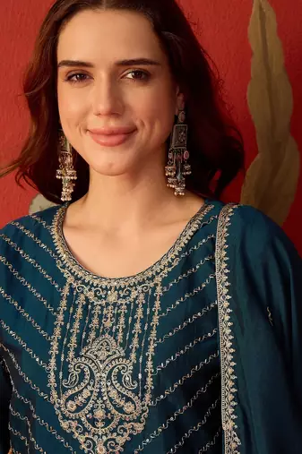 Teal silk blend embroidered anarkali kurta set with dupatta.