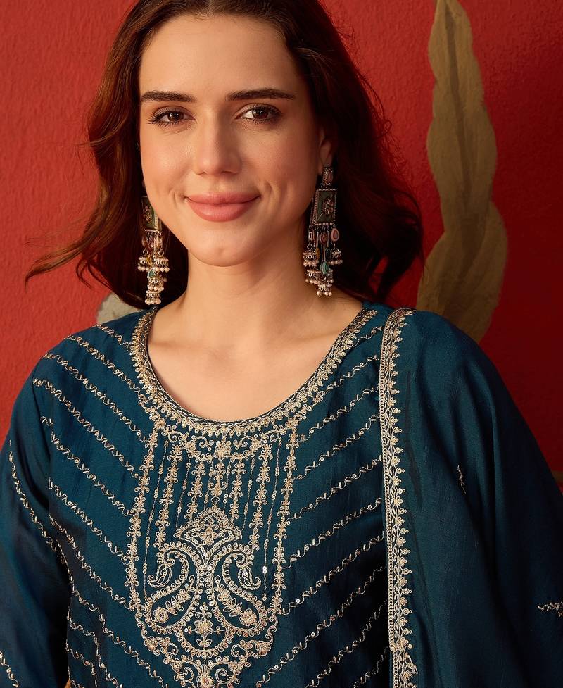 Teal silk blend embroidered anarkali kurta set with dupatta.