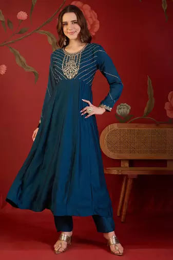 Teal silk blend embroidered anarkali kurta set with dupatta.