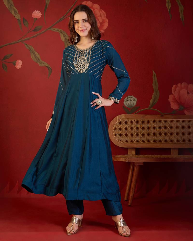 Teal silk blend embroidered anarkali kurta set with dupatta.