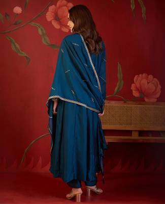 Teal silk blend embroidered anarkali kurta set with dupatta. 5