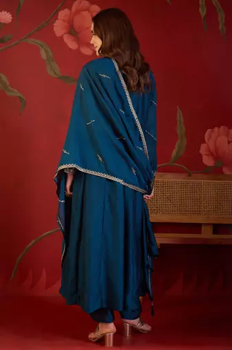 Teal silk blend embroidered anarkali kurta set with dupatta.
