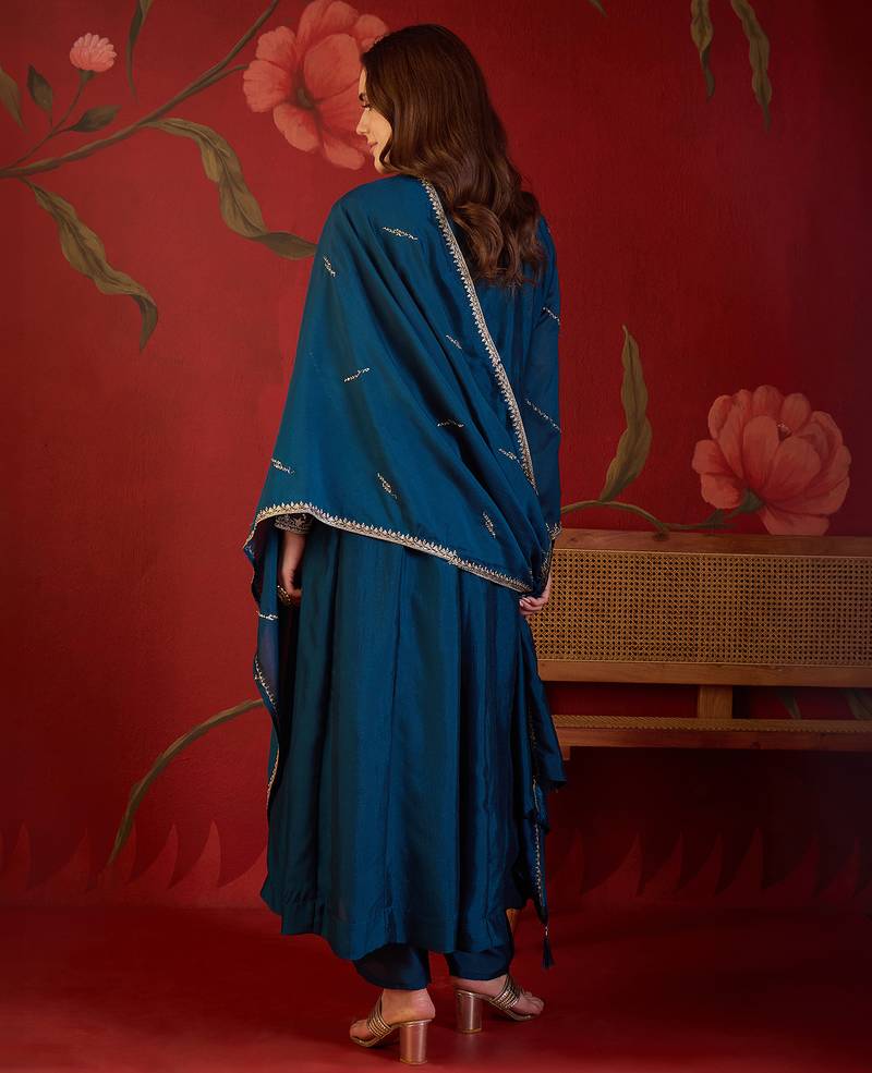 Teal silk blend embroidered anarkali kurta set with dupatta.