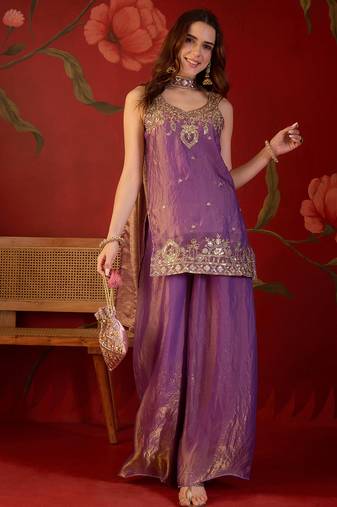 Lilac tissue satin embroidered kurta sharara set with dupatta.