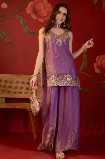 Lilac tissue satin embroidered kurta sharara set with dupatta.
