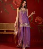 Lilac tissue satin embroidered kurta sharara set with dupatta.