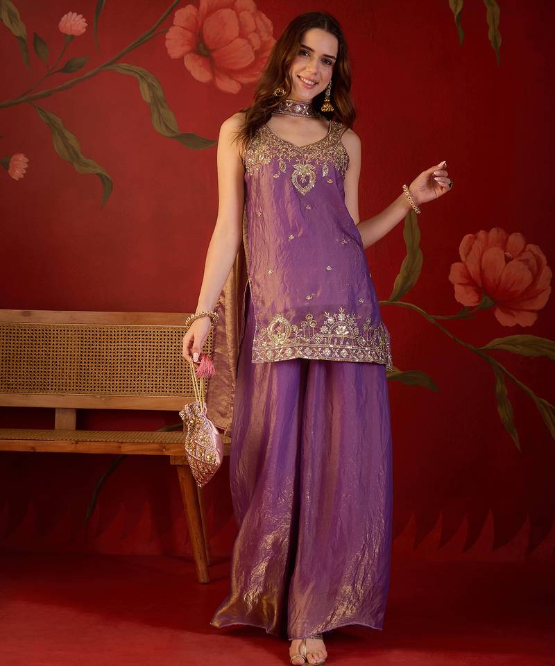 Lilac tissue satin embroidered kurta sharara set with dupatta.