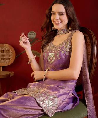 Lilac tissue satin embroidered kurta sharara set with dupatta. 2