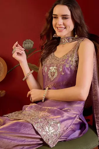 Lilac tissue satin embroidered kurta sharara set with dupatta.