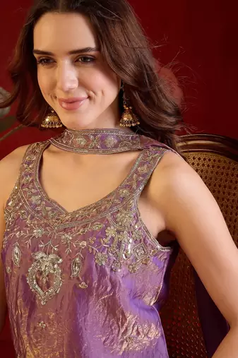 Lilac tissue satin embroidered kurta sharara set with dupatta.