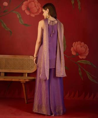 Lilac tissue satin embroidered kurta sharara set with dupatta. 4