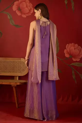 Lilac tissue satin embroidered kurta sharara set with dupatta.