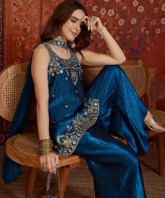 Teal tissue satin embroidered kurta sharara set with dupatta. 1