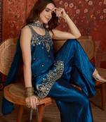 Teal tissue satin embroidered kurta sharara set with dupatta.