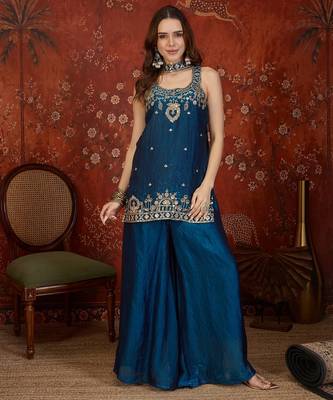 Teal tissue satin embroidered kurta sharara set with dupatta. 2