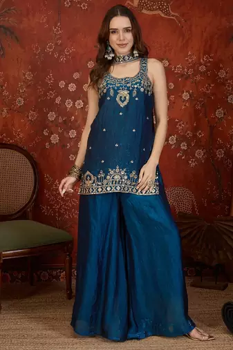 Teal tissue satin embroidered kurta sharara set with dupatta.