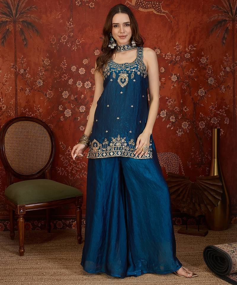 Teal tissue satin embroidered kurta sharara set with dupatta.