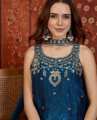 Teal tissue satin embroidered kurta sharara set with dupatta. 3