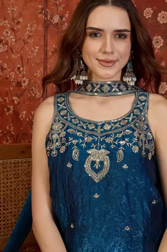 Teal tissue satin embroidered kurta sharara set with dupatta.