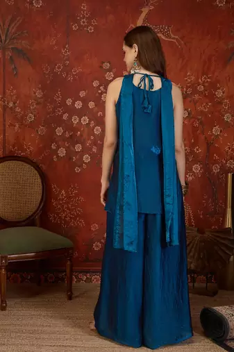 Teal tissue satin embroidered kurta sharara set with dupatta.