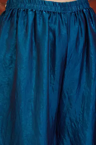 Teal tissue satin embroidered kurta sharara set with dupatta.