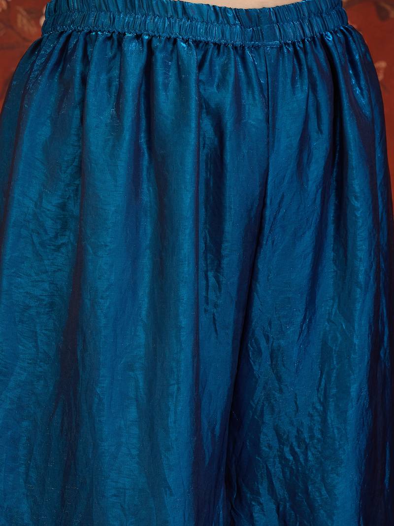 Teal tissue satin embroidered kurta sharara set with dupatta.