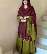 Women maroon & olive green embroidered straight kurta with pant and dupatta set