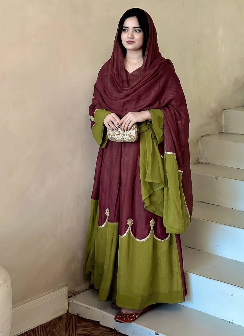 Women maroon & olive green embroidered straight kurta with pant and dupatta set
