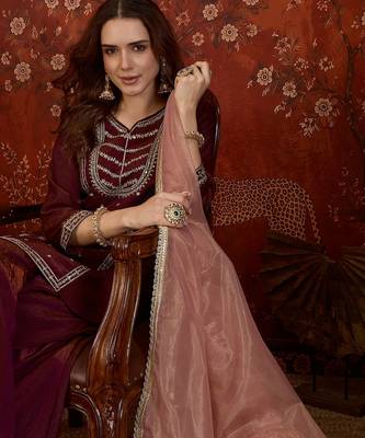 Maroon silk blend embroidered kurta sharara set with dupatta. 1