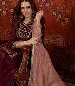 Maroon silk blend embroidered kurta sharara set with dupatta.