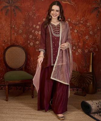 Maroon silk blend embroidered kurta sharara set with dupatta. 2