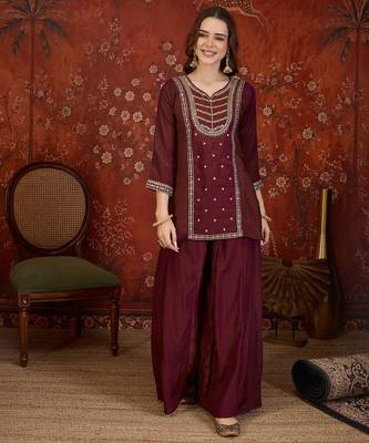 Maroon silk blend embroidered kurta sharara set with dupatta. 4