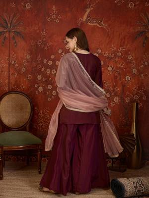 Maroon silk blend embroidered kurta sharara set with dupatta. 5