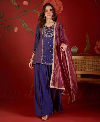 Purple silk blend embroidered kurta sharara set with dupatta. 1