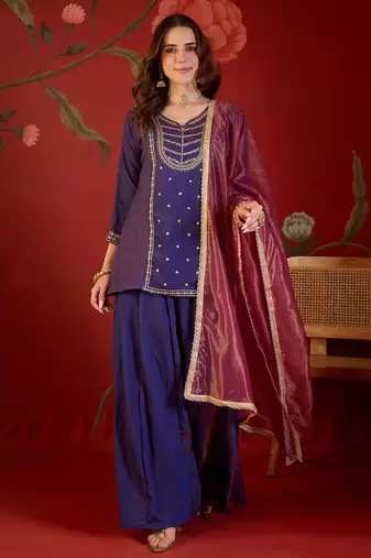 Purple silk blend embroidered kurta sharara set with dupatta.