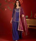 Purple silk blend embroidered kurta sharara set with dupatta.