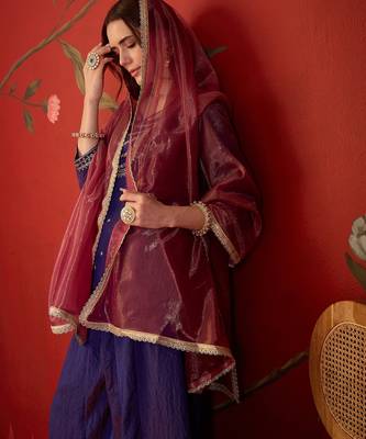 Purple silk blend embroidered kurta sharara set with dupatta. 2