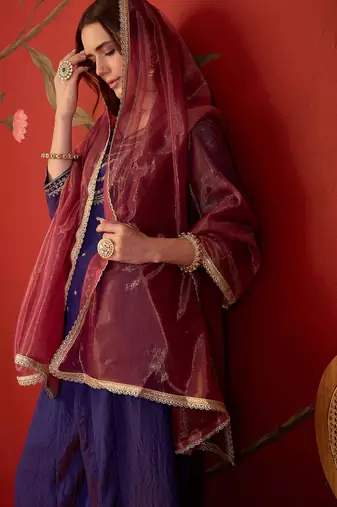 Purple silk blend embroidered kurta sharara set with dupatta.