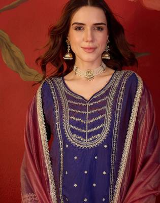 Purple silk blend embroidered kurta sharara set with dupatta. 3