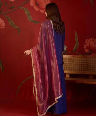 Purple silk blend embroidered kurta sharara set with dupatta. 4