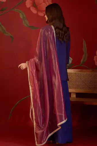 Purple silk blend embroidered kurta sharara set with dupatta.