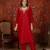 Red silk blend embroidered kurta set with dupatta.