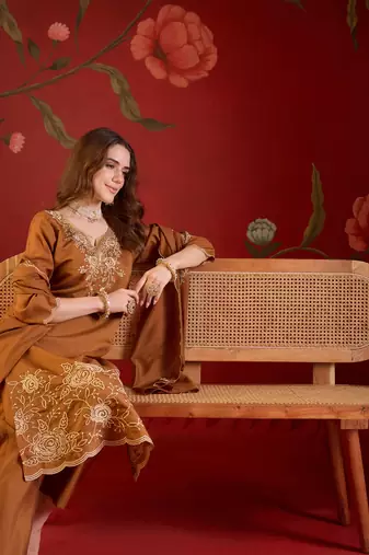 Brown silk blend embroidered kurta set with dupatta.