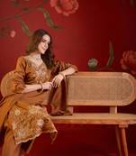 Brown silk blend embroidered kurta set with dupatta.