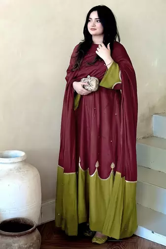 Women maroon & olive green embroidered straight kurta with pant and dupatta set