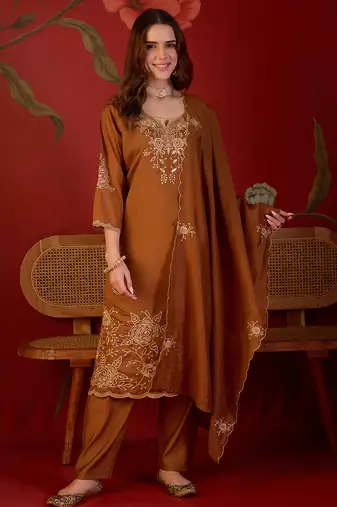 Brown silk blend embroidered kurta set with dupatta.